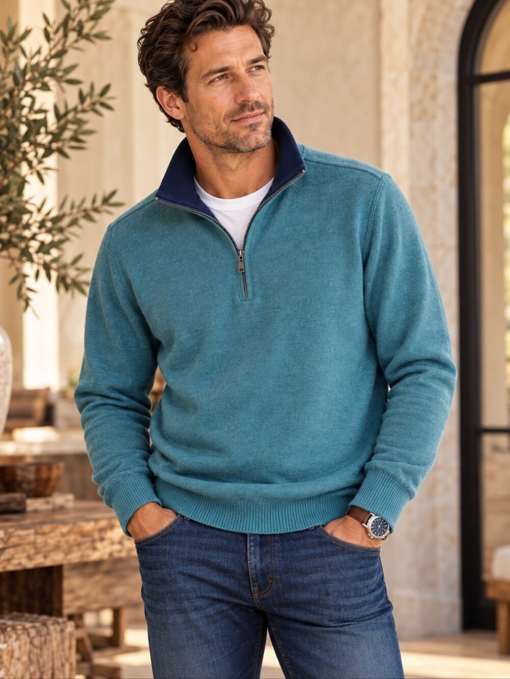 Vintage Pendleton Quarter Zip Knit Sweater Teal Reversible Mens Small RN 29685